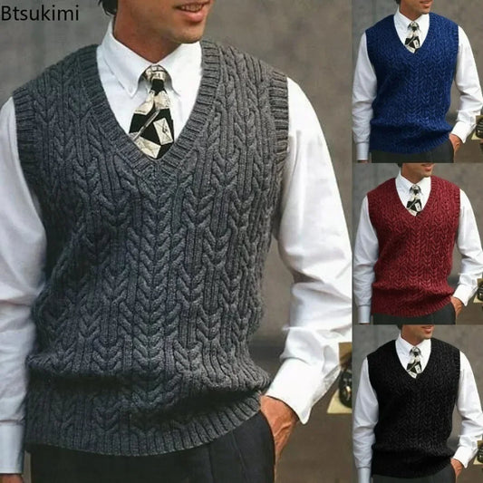 2026 Men's Autumn Winter Warm Casual Knitted Sweater Vest Sleeveless V Neck Fleece Western Sweaters for Men Sueter Para Hombre