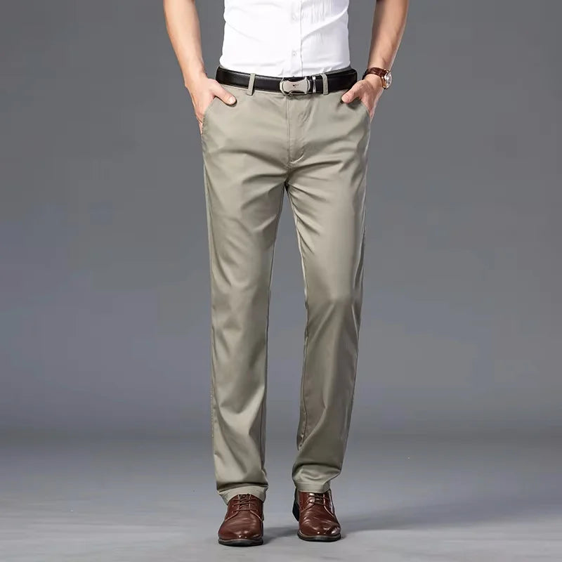 High Quality Soft Thin Cotton Casual Pants Mens Clothing Straight Office Business Green Black Khaki Trousers Male Brand
