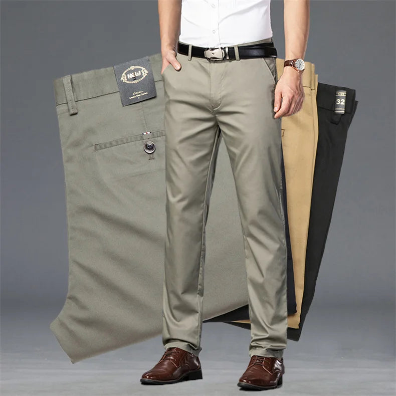 High Quality Soft Thin Cotton Casual Pants Mens Clothing Straight Office Business Green Black Khaki Trousers Male Brand