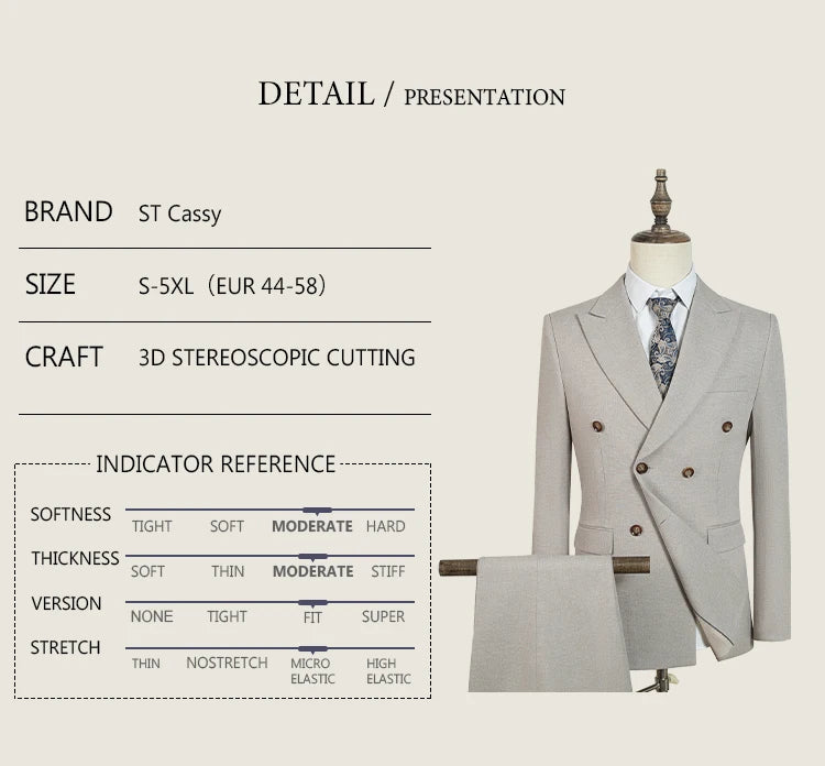 2-piece set (Jacket + Pants) Elegant Man Suit slim fit Modern Wedding Party Suits for Men Stylish Business office khaki suit